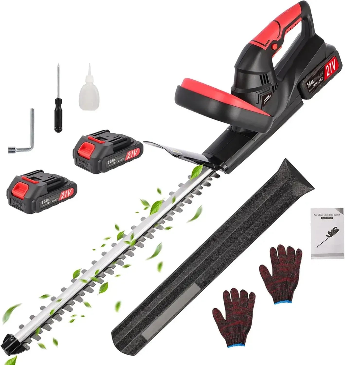 Elektrische Akku-Heckenschere 21V mit Doppelschnittklinge, 48 cm Schnittlänge und 2x 2000 mAh Akkus für Sträucher und Bäume