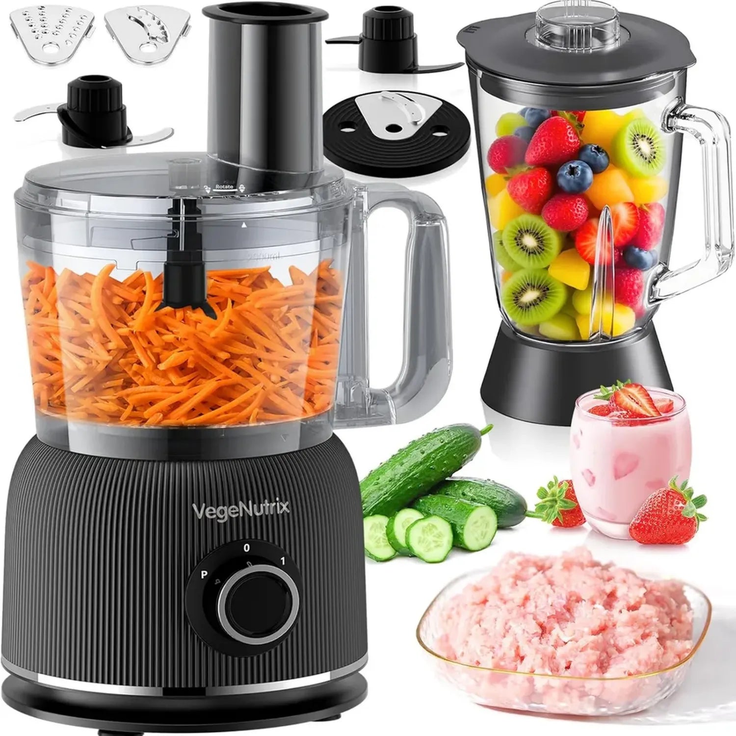Leistungsstarke 1500W Küchenmaschine mit 2,5L Zerkleinerer und 2L Glas-Standmixer, Ideal für Fleisch, Gemüse, Teig und Smoothies