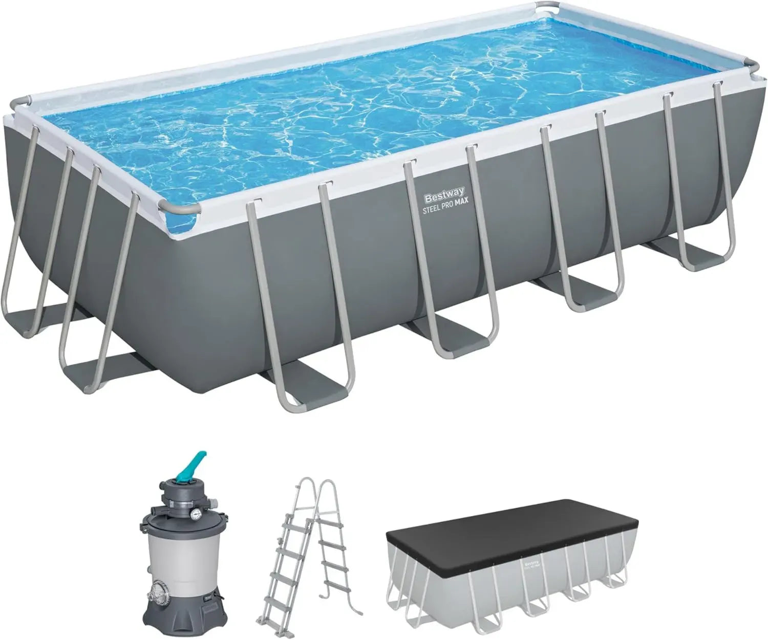 Bestway Power Stahlrahmenpool-Set mit Sandfilterpumpe, rechteckig, 488 x 244 x 122 cm, grau