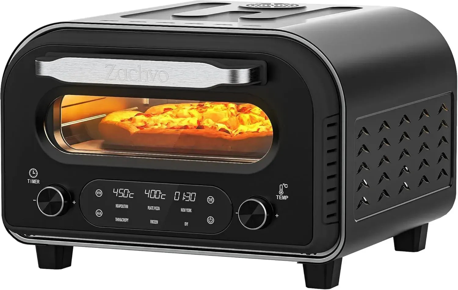 Pizzaofen elektrisch - 450 °C, 5 Programme, Timer, Touchscreen, Edelstahl, 32 cm Pizza, mit Pizzastein & Rezeptbuch