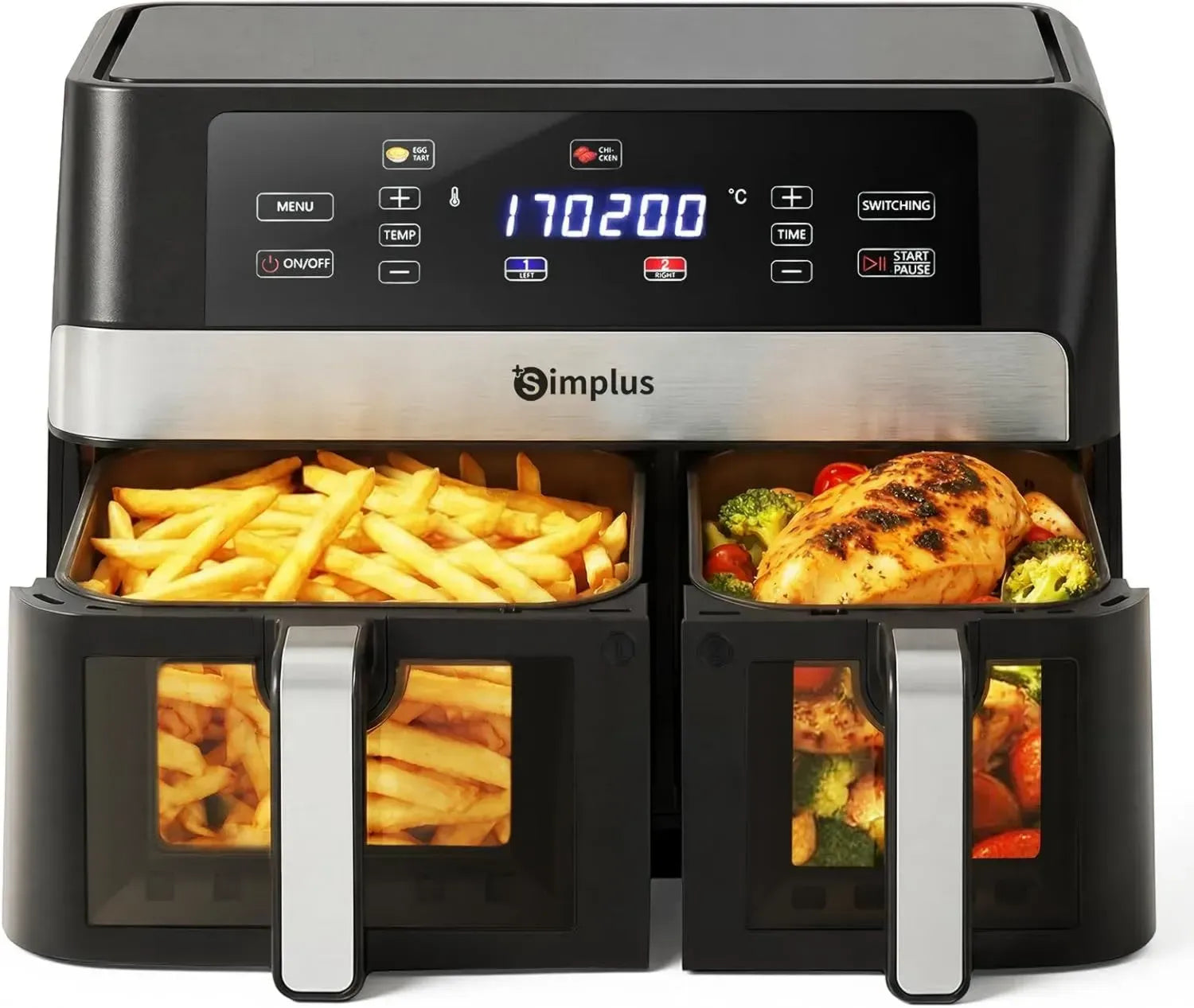 SIMP+ Heißluftfritteuse 10L mit Doppelschicht-Fenster, Unabhängige Temp. Steuerung, 11 Modi, Touchscreen, 1800W Airfryer, Vorheizen & Antihaft