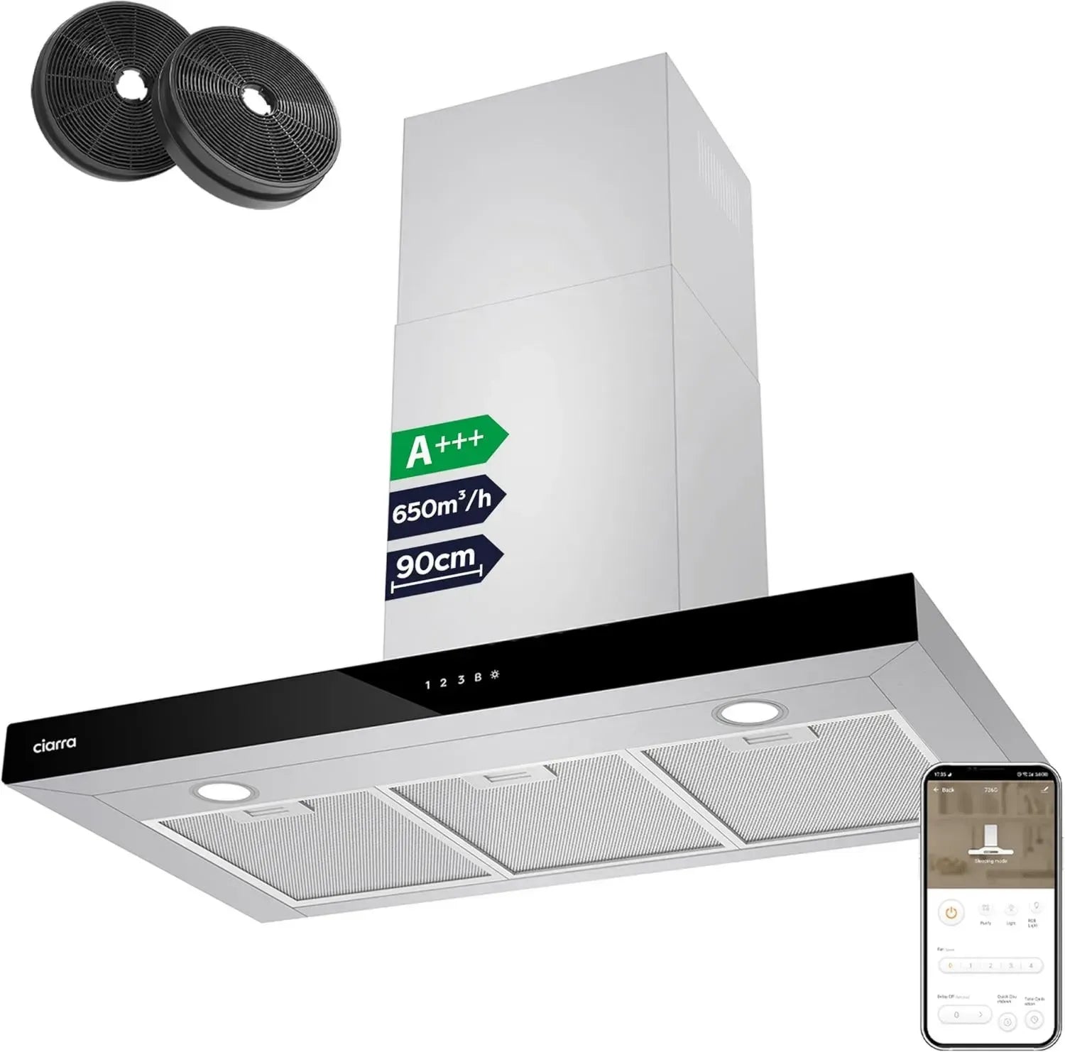 CIARRA 90cm Dunstabzugshaube A+++ mit Aktivkohlefilter und Touch-Steuerung, 4 Stufen, Wandmontage, Edelstahl