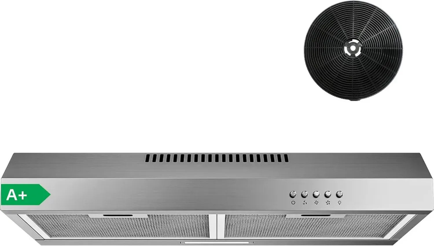 Energiesparende 60 cm Dunstabzugshaube mit LED, Umluft/Abluft, 3 Stufen, inkl. Kohlefilter